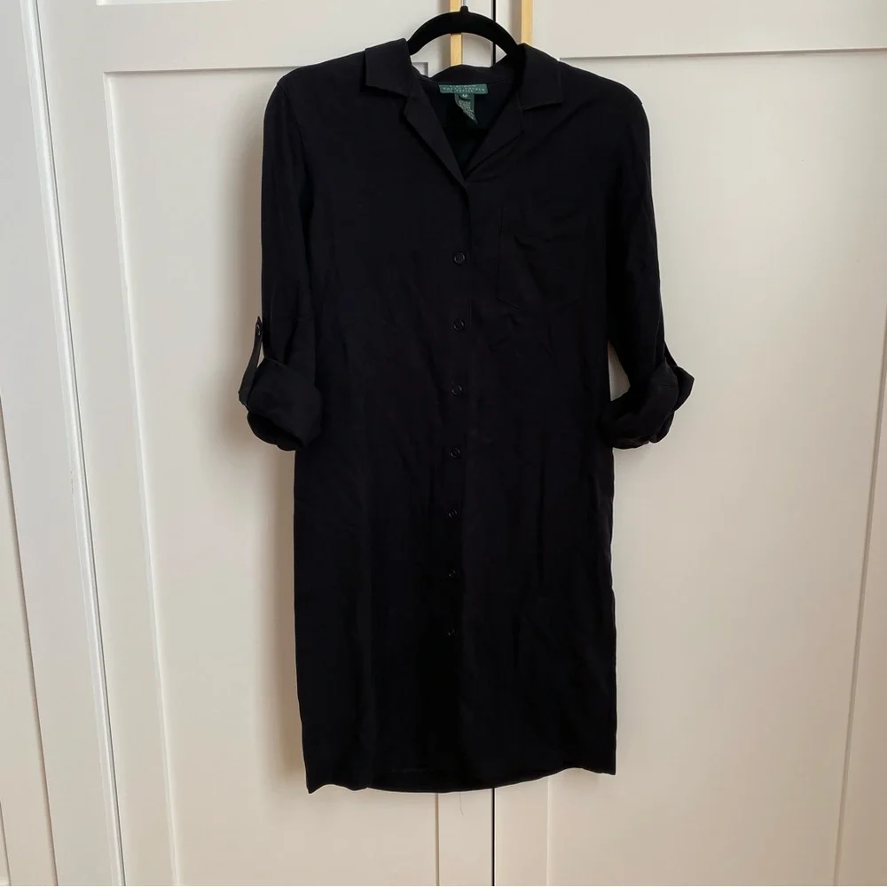 Vintage Lauren Ralph Lauren - Black Mid-Length Silk Shirt Dress - Picture 2 of 4